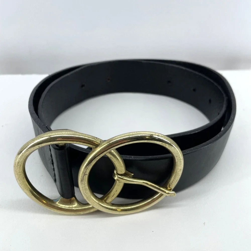 Black Leather Belt Double Ring Boho Artisan 1.5